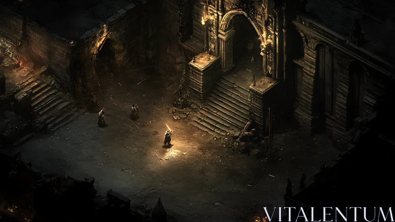 Adventurers gather by torchlight at an ancient stone gate.