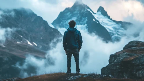 Solitary dreamer greeting stormlit alpine giants at dawn.