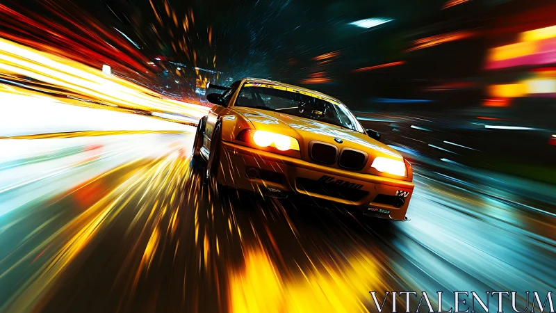 Yellow race car moves through urban night with motion blur