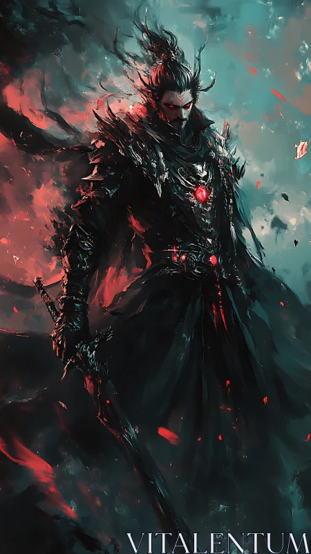 Armored figure stands in turbulent red and teal environment