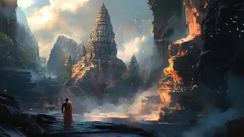 Mountain temple vista with lone robed pilgrim at dawn.