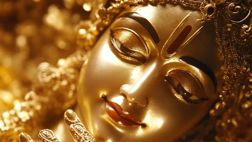 Golden Hindu goddess face sculpture in warm closeup view.