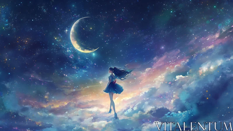 Girl in twilight clouds gazes at a crescent moon in wonder