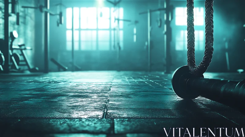 Low-angle crossfit gym floor with battle rope and barbell light