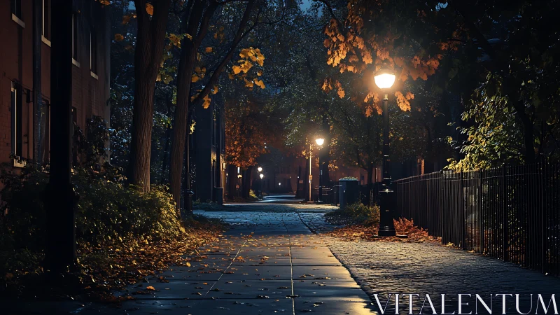 Quiet autumn city walkway glowing under gentle lamplight.