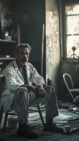 Weary technician in distressed workshop under moody sidelighting