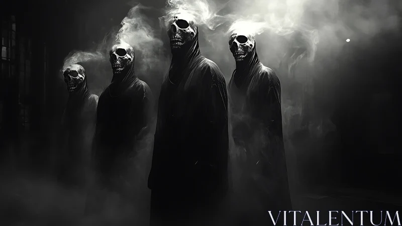Four hooded skeletal figures stand in dense atmospheric fog