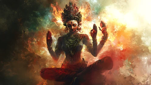 Divine goddess radiates power through swirling sacred fire.
