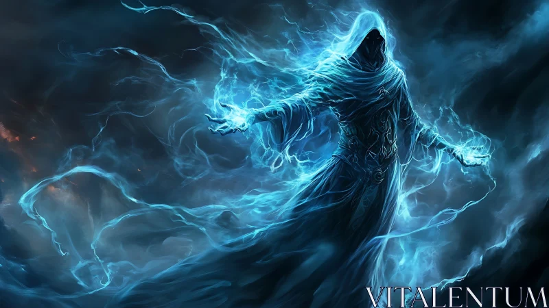 Hooded spectral figure generating blue arcane energy field.