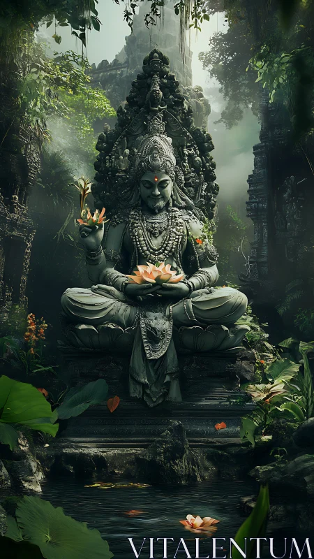 Stone goddess seated in lotus pose by reflective jungle pond