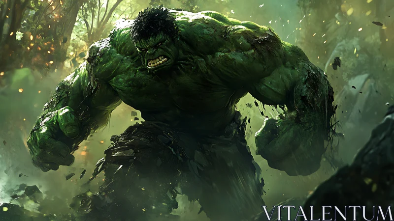 Enraged green titan smashing forest floor in motion.