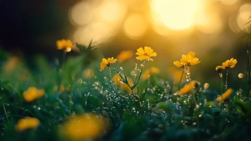 Backlit macro field of dewy yellow wildflowers at sunrise.
