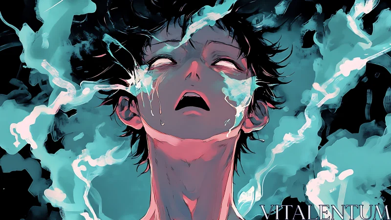 Neon-lit anguished portrait isolates a figure in vapor turbulence