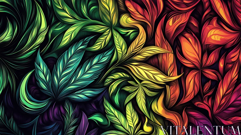 Multicolored stylized foliage pattern with gradient tones.