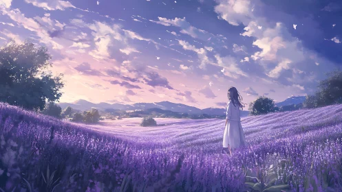 Girl standing in vast purple flower field at sunset sky