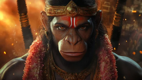 Intense digital portrait of warrior monkey deity figure.