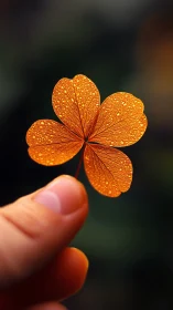Macro inspection of dewy orange clover leaflet in soft bokeh field.