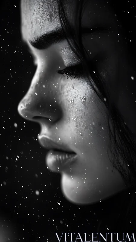 Monochrome side profile portrait in cinematic falling rain.