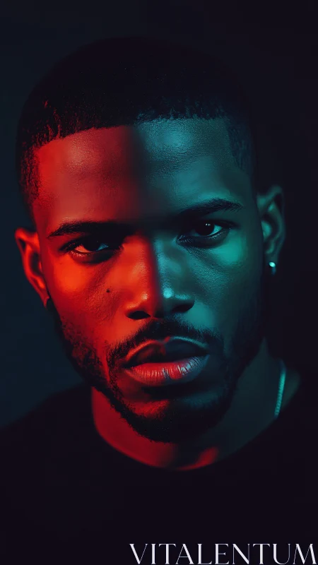Moody male portrait in red and teal split lighting setup.