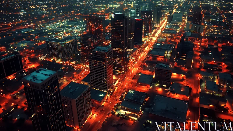 Neon river of headlights carving through ember-lit towers.
