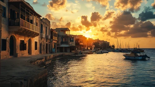 Harborfront stone houses and boats in warm sunset light.