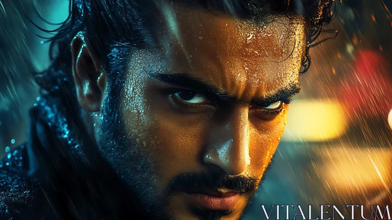 Rain-soaked close-up portrait isolates intense male gaze in bokeh