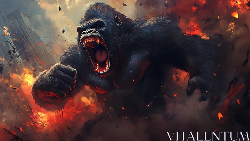 Dynamic digital painting of colossal raging gorilla in flames.