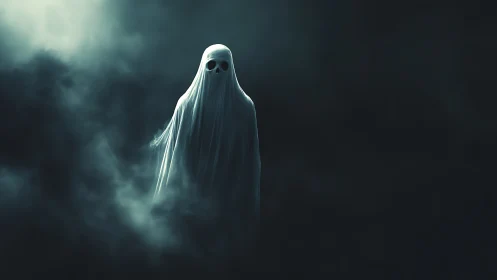 Lone sheeted specter drifts gently through charcoal fog