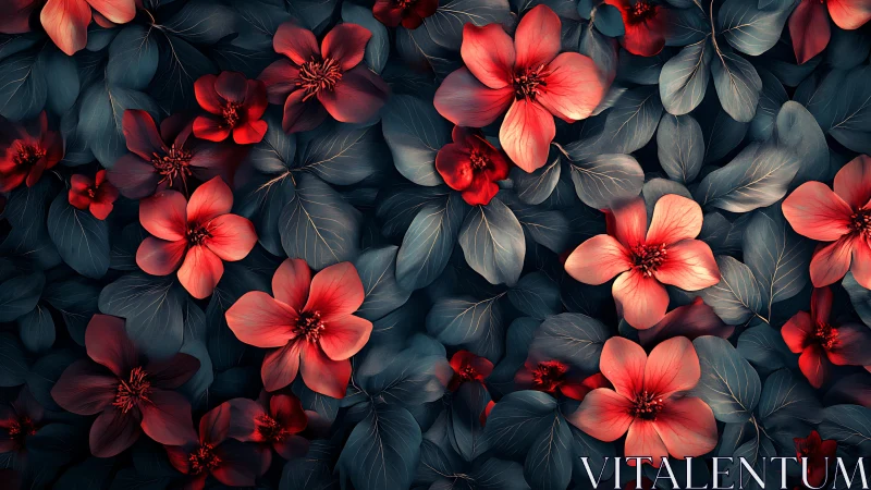 Crimson Blossoms Emerge From Shadowy Garden Depths.