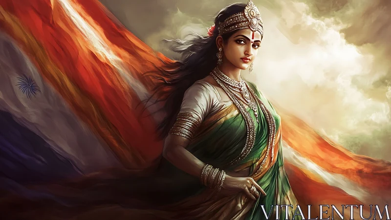 Bharat Mata personification draped in flowing Indian tricolor.