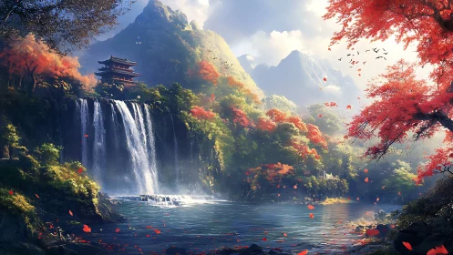 Autumn temple watches waterfall serenade beneath misty peaks.