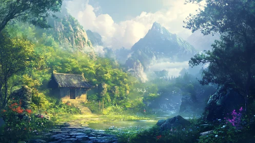 Mountain valley shrine stands beside reflective forest pond