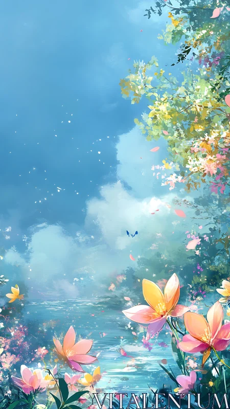 Luminous riverbank flora under diffuse sky with dynamic petals motion