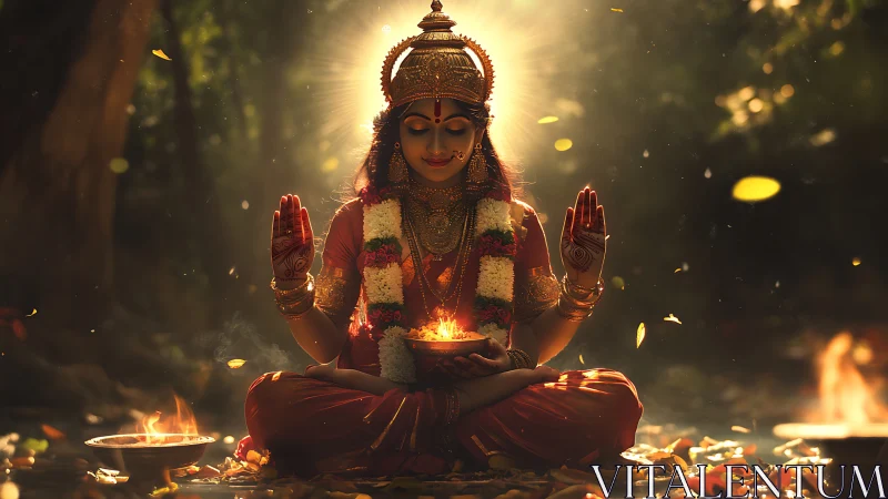 Hindu goddess in luminous forest, ritual firelight composition.