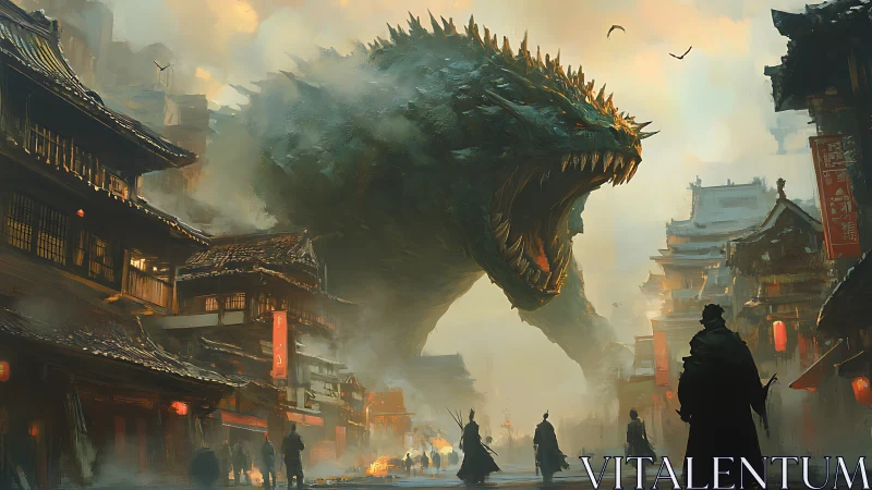 Kaiju incursion across mist-laden neo-feudal streetscape.