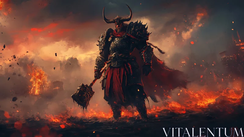 Hellforged warlord strides through molten twilight and ruin