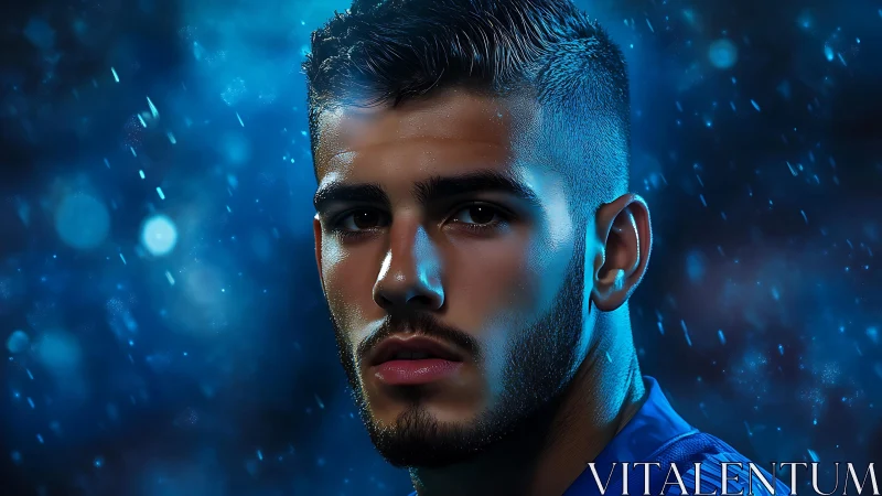 Moody blue portrait of athletic male under cinematic rain.