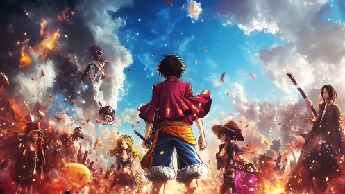 Stormlit pirate vanguard strides through burning skyfields.