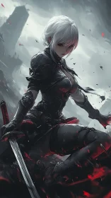 Silver-haired warrior kneels in stormlit ruin with drawn blade