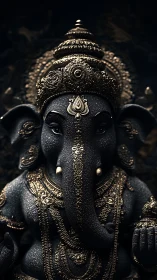 Golden-trimmed Ganesha statue glowing in quiet shadowed light.