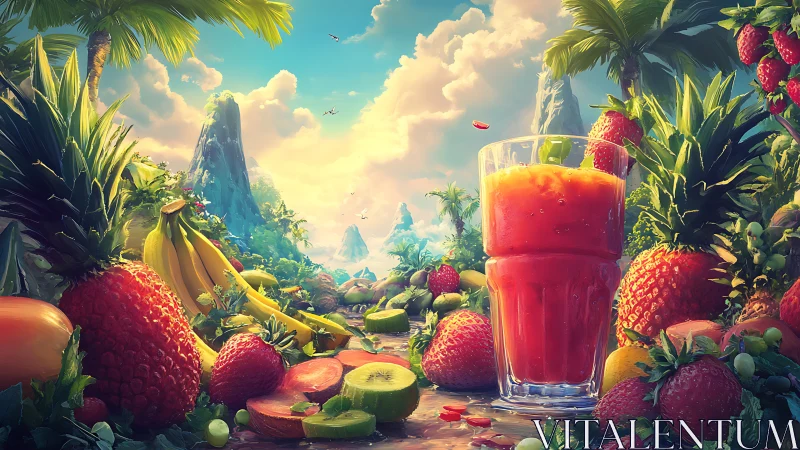 Tropical smoothie kingdom where juicy fruits crown the glass.