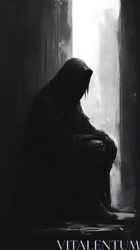 Hooded figure seated in high-contrast vertical passageway.