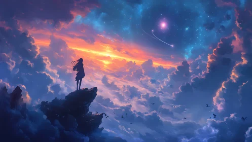 Stargazing girl greeting a glowing sky of dreamy clouds.