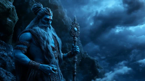 Blue mythic guardian grips ornate staff under storm clouds