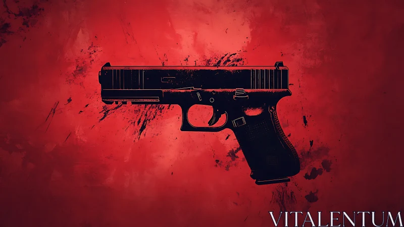 Bold handgun silhouette against vivid red abstract field.