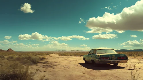 Sun-bleached sedan abandoned on vast desert track.