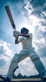 Cricket batsman drives under dramatic backlit sky field.