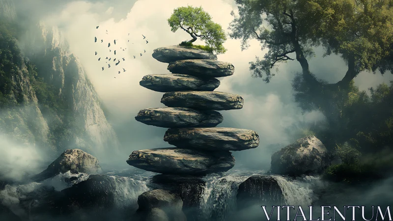 Stacked river stones cradle lone tree in misty gorge.