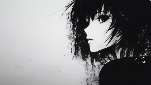 Monochrome anime portrait with ink-splatter hair texture profile