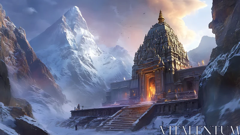 Mountain temple fortress in cinematic fantasy digital painting.
